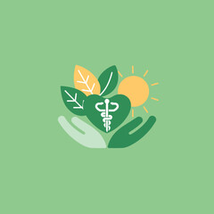 A graphic illustration of a green heart with a medical symbol surrounded by leaves and hands under a sun.