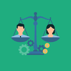 An illustration of a scale balancing a man and a woman with gears and dollar signs underneath.