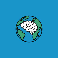 A cartoon illustration of the Earth with a brain symbolizing global intelligence and knowledge