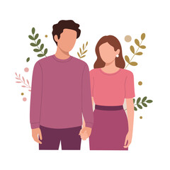 A cartoon illustration of a loving couple holding hands surrounded by floral elements.