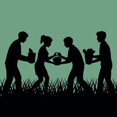 A group of people working together to carry water in a field