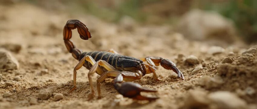 A detailed view of a scorpion on a barren earth terrain.