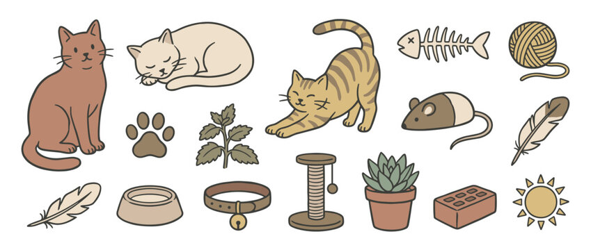 Charming set of hand-drawn cat illustrations and pet accessories featuring cute felines sleeping, sitting, and stretching alongside toys, a collar, and a scratching post in a simple doodle style