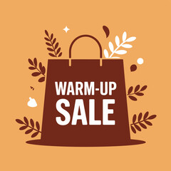 A brown shopping bag with white text reading Warm-Up Sale surrounded by leaves on an orange background