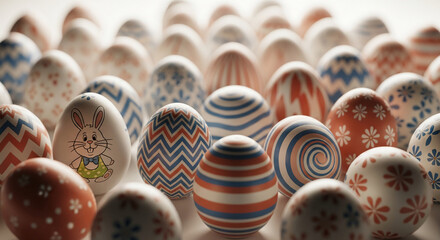 Group of painted eggs with bunny and geometric patterns. Easter eggs, celebration, spring holiday, representing festive tradition and decoration