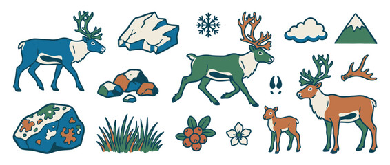 Collection of hand-drawn reindeer illustrations with various arctic nature elements including mountains, rocks, berries, a snowflake, and a fawn in a stylized folk art aesthetic