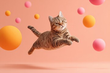 Playful grey tabby cat jumping with colorful balls