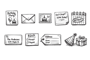 This hand drawn illustration depicts birthday party invitations, calendar, stamp, gift, party hat and other accessories on a white background.
