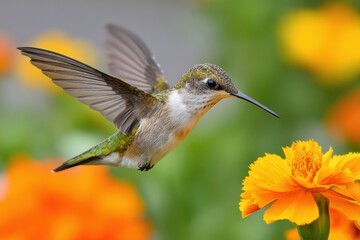 Fototapeta premium Vibrant hummingbird hovering near flowers