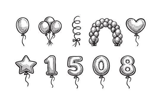 Sketchy hand drawn illustration of balloons, balloon arch and balloon numbers 1, 5, 0, and 8 for celebrations or birthday designs.