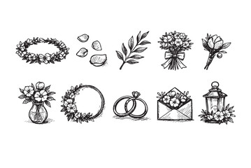 A monochrome sketch featuring wedding elements like rings, flowers, bouquets, and petals, creating a romantic and celebratory feeling. Ideal for wedding invitations or designs.