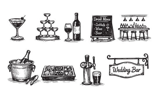 Detailed black and white illustration featuring various bar elements perfect for menu design or wedding materials, creating a classic and elegant visual.