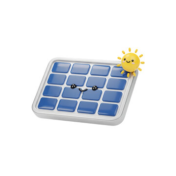 Smiling sun character sitting on top of a sleek keyboard with blue keys on white frame on transparent background
