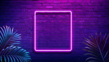 violet brick wall with neon frame and foliage