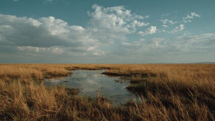Obraz premium Vast grassland with pond reflecting sky