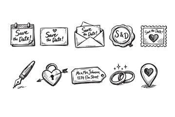 Black and white sketched wedding icons including save the date cards, a pen, address, rings, and other symbols. Great for invitation design.