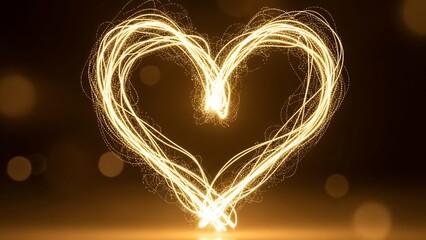 Glowing gold heart shape formed by energetic light trails against bokeh backdrop