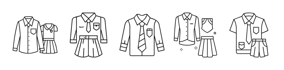 School uniform icon set for students education and learning