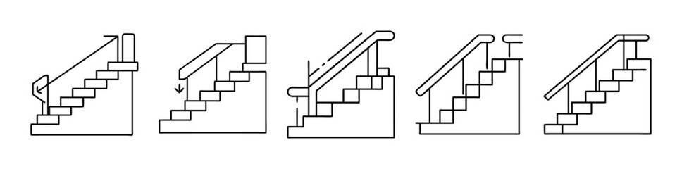 Staircase and handrail line icons set for architecture design