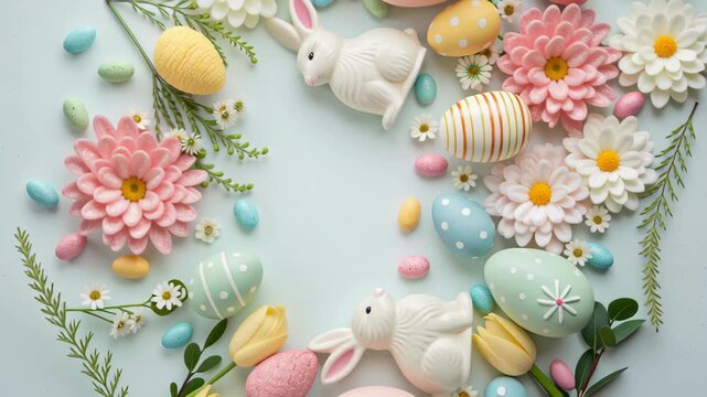 Ethereal Easter Scene Pastel Eggs, Flowers, and Bunnies Creating Charming Visual Arrangement for Spring Celebrations