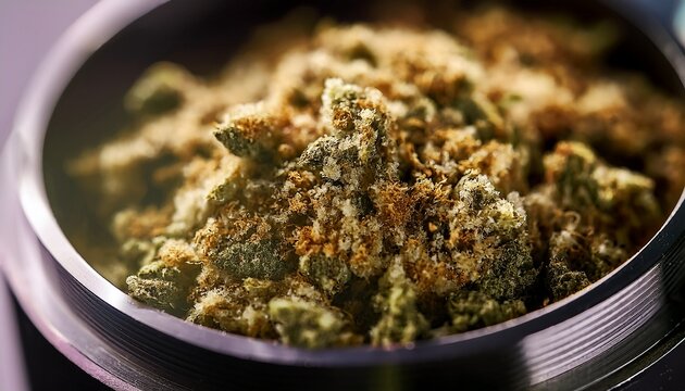 detailed macro shot of kief in grinder showcasing the essence of sativa indica for natural wellness