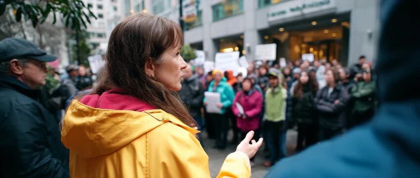 A determined woman speaks to a crowd at a rally, embodying activism and community spirit.