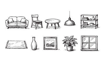 Hand drawn sketch of living room furniture and decor including a sofa, chair, plant, rug, and window on a white background.