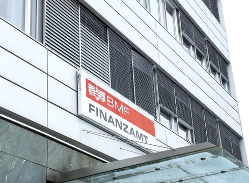 Villach, Austria - January 19, 2026: Building exterior featuring BMF Finanzamt sign, modern architecture with glass and metal elements, urban setting in a city environment