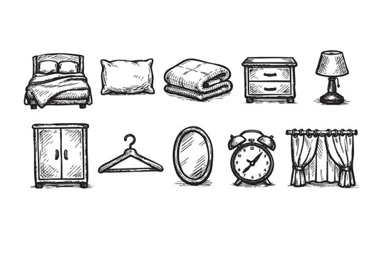 A set of hand-drawn bedroom furniture illustrations including a bed, pillow, lamp, and alarm clock in a sketchy style on a white background.