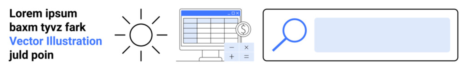 Data management, business analytics, online search, workflow optimization, productivity tools, digital workspace. Computer with spreadsheet, magnifying glass search bar. Data management and business