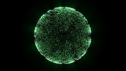Green glowing spherical form made of many tiny particles, against a dark black backdrop