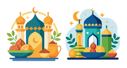 Islamic ramadan mosques and iftar food celebration scene