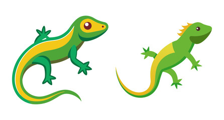 Obraz premium Two green and yellow lizards cute cartoon style creatures