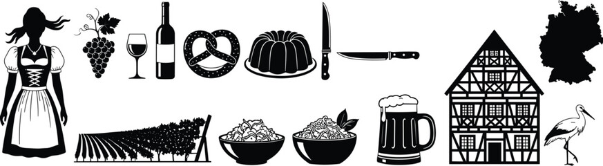 Naklejka premium German Oktoberfest culture silhouettes featuring traditional dress, beer, wine, food, vineyard, half timbered house symbols vector illustration set