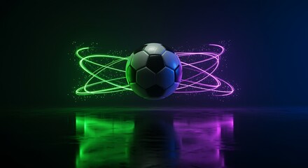 Naklejka premium Neon Soccer Ball with Swirling Lights
