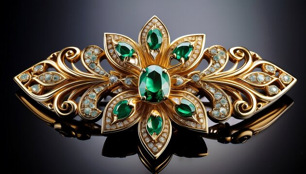 luxurious antique gold brooch with intricate filigree and emerald gemstones for jewelry design