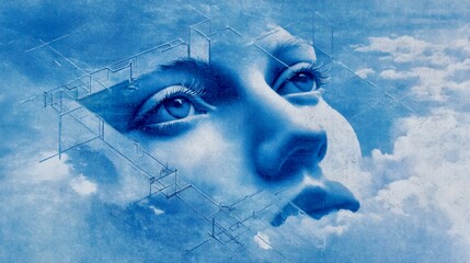 Artistic representation of a woman's face blending with abstract clouds and structures in a blue tone