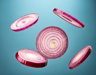 fresh red onion slices floating in mid air culinary concept for food design