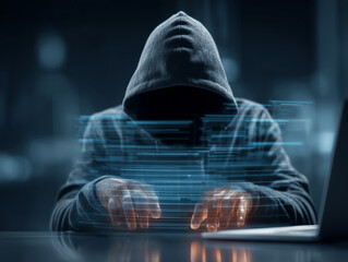 Cybercriminal in Hood Typing at Keyboard Committing Crime