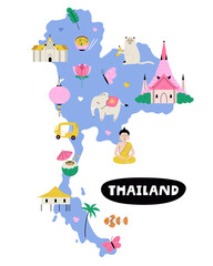 Illustrated Map of Thailand with Cultural Landmarks, Animals and Food. Cute Travel Vector Illustration