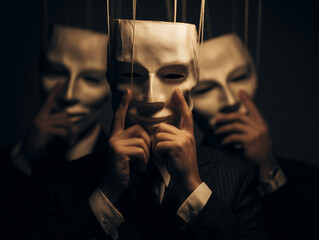 Three Businesspersons in Suits with Masks Hiding Their Faces