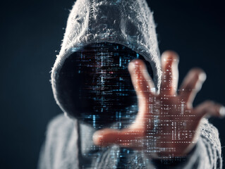 Cybercriminal in Hood with Code Face Illustration