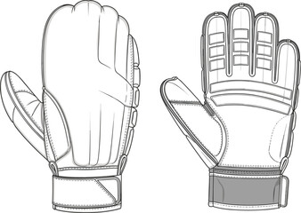 Professional goalkeeper gloves technical CAD drawing showing palm and back views with reinforced padding and wrist strap, sports equipment cad drawing flat vector illustration