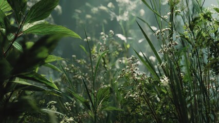 Fototapeta premium Lush Greenery and White Wildflowers