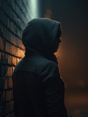 Person in Hood Hiding Identity in Dark Alley