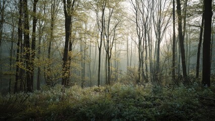 Obraz premium Misty Woodland Scene in Spring