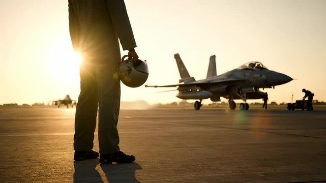 Military pilot stands on runway holding helmet near fighter jet at sunset. Pilot watches aircraft on airfield. Military aviator with helmet at airbase. Pilot near jet during sunset mission.