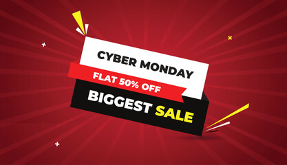 Cyber Monday biggest sale flat 50 percent off web banner vector art template design badge icon label white red black gray yellow bold text dark red light sun shine abstract business background shapes 