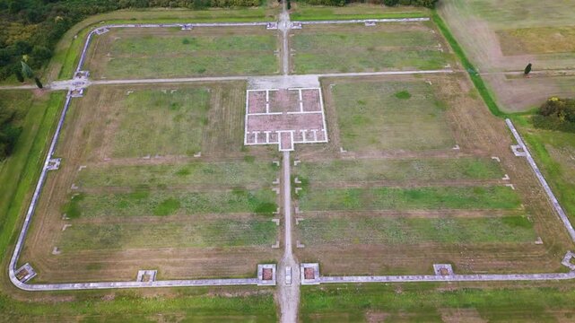 low concrete walls paths outline floor plan original stone defenses ancient garrison image roman fort castellum fectio utrecht netherlands aerial view bunnik archaeological site 