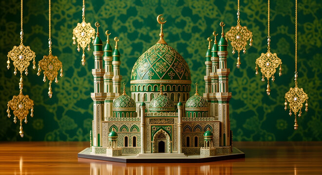 Green and Gold Ornate Mosque Model with Hanging Decorations